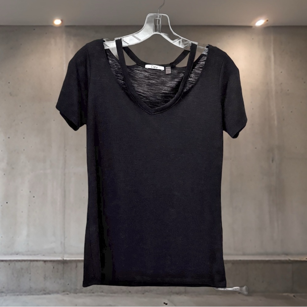 Dex Black Strappy V-Neck Tee – Size M, 100% Viscose